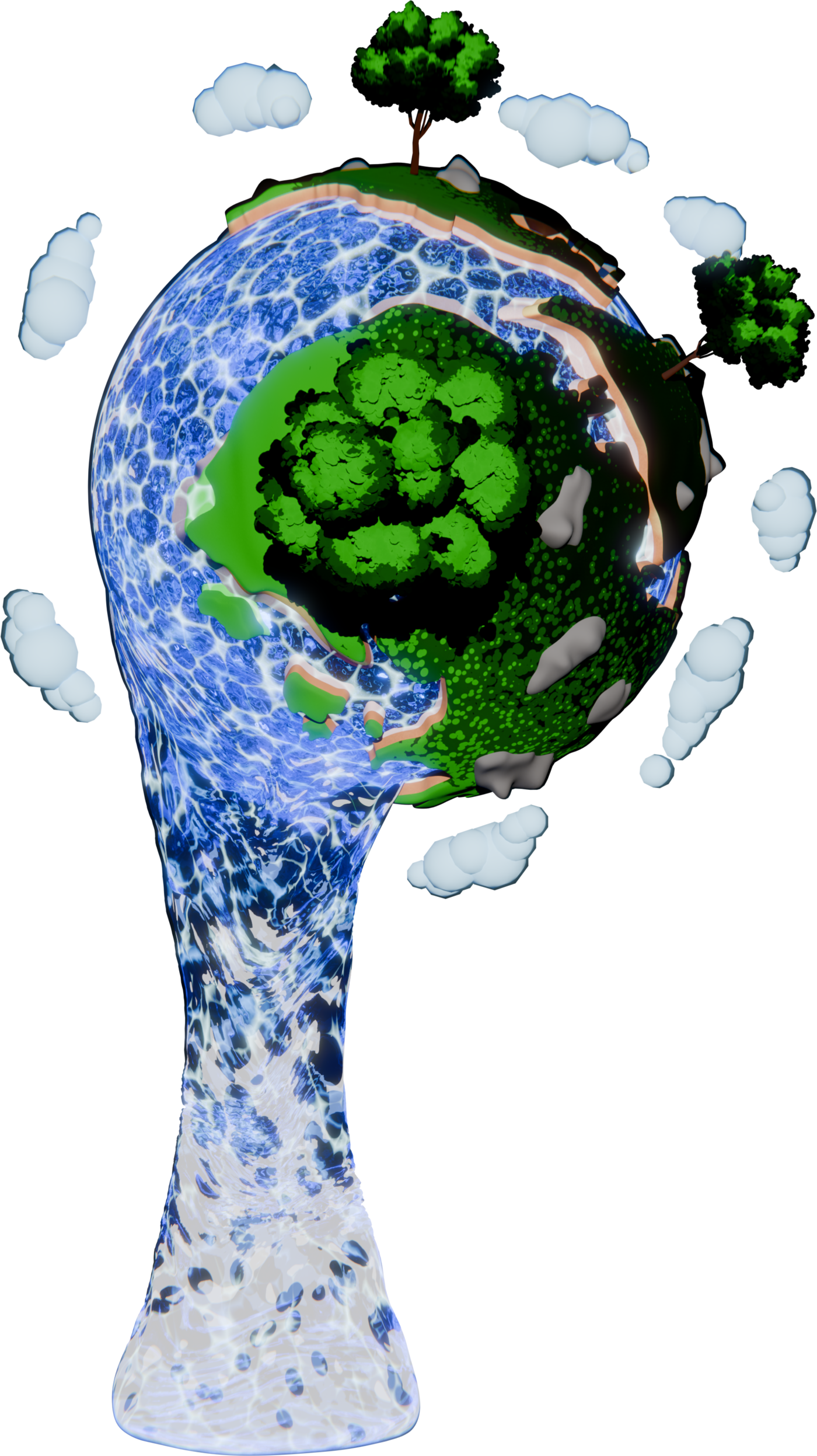 A green world and tree above a descending blue water helix